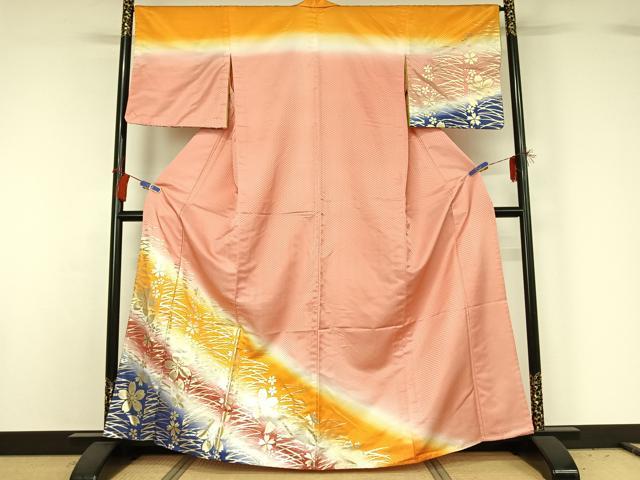 平和屋着物▽訪問着 単衣 芝花文 暈し染め 金彩 洗える着物 AABG8705jh