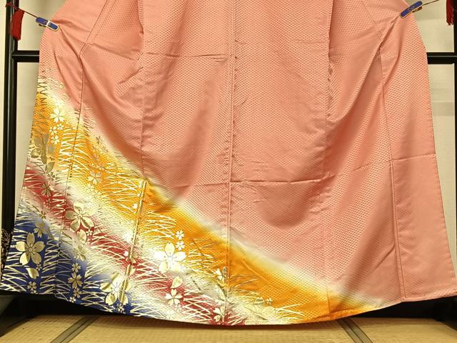 平和屋着物▽訪問着 単衣 芝花文 暈し染め 金彩 洗える着物 AABG8705jh