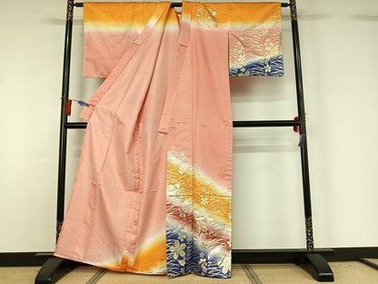 平和屋着物▽訪問着 単衣 芝花文 暈し染め 金彩 洗える着物 AABG8705jh