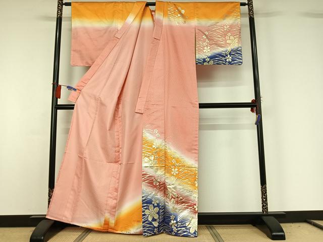 平和屋着物▽訪問着 単衣 芝花文 暈し染め 金彩 洗える着物 AABG8705jh