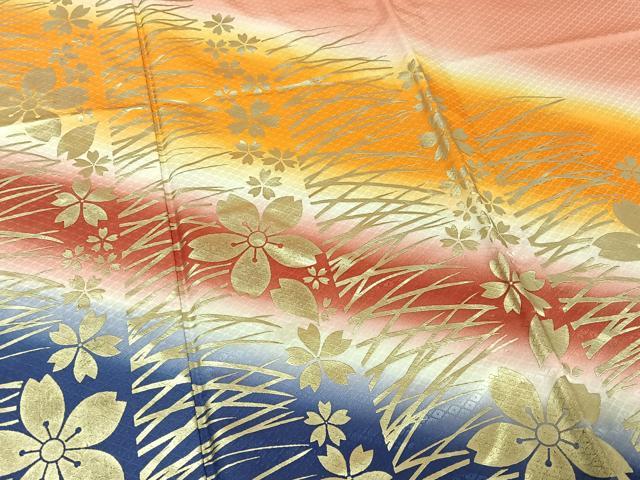 平和屋着物▽訪問着 単衣 芝花文 暈し染め 金彩 洗える着物 AABG8705jh