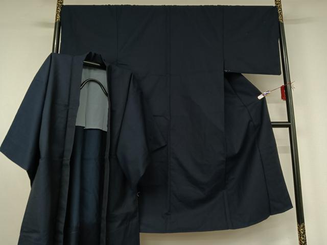 平和屋着物▽男性 色無地 単衣 アンサンブル 濃藍色 正絹 逸品 AABG8707jh
