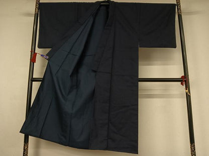 平和屋着物▽男性 色無地 単衣 アンサンブル 濃藍色 正絹 逸品 AABG8707jh