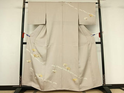 平和屋着物▽訪問着　単衣　駒刺繍　扇面花文　金彩　正絹　逸品　AABG8709jh