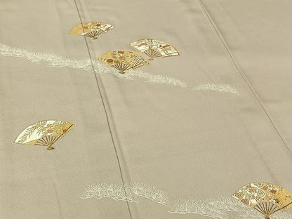 平和屋着物▽訪問着　単衣　駒刺繍　扇面花文　金彩　正絹　逸品　AABG8709jh