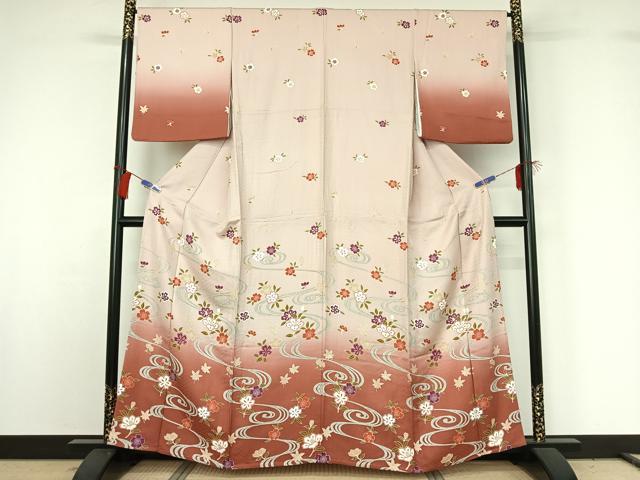 平和屋着物▽訪問着 単衣 流水花文 暈し染め 正絹 逸品 AABG8714jh