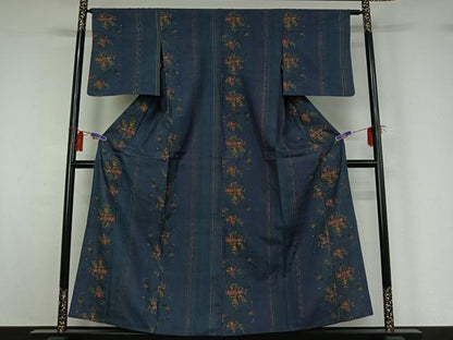 平和屋着物▽上質な紬 単衣 更紗花文 正絹 逸品 AABG8731jh