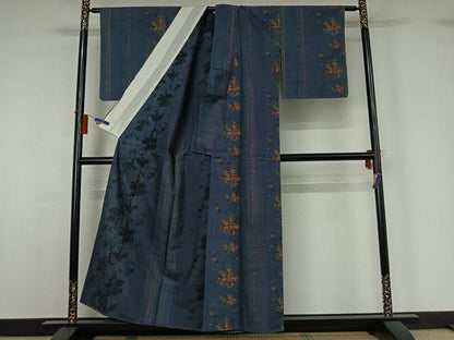 平和屋着物▽上質な紬 単衣 更紗花文 正絹 逸品 AABG8731jh