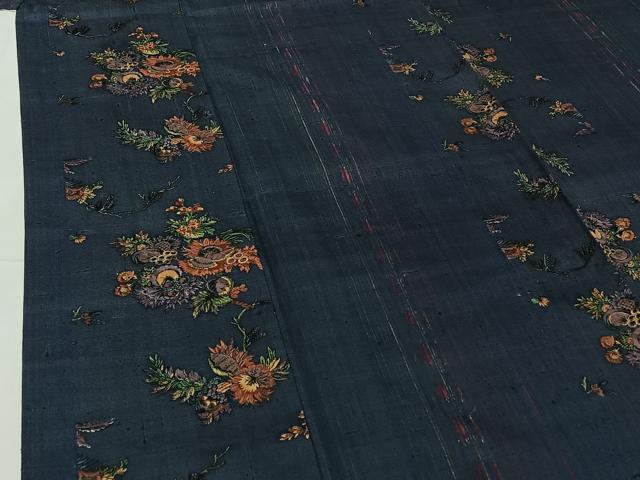 平和屋着物▽上質な紬 単衣 更紗花文 正絹 逸品 AABG8731jh