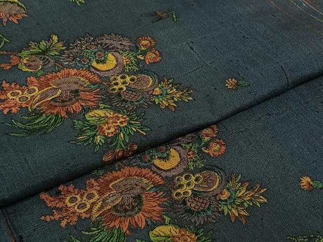平和屋着物▽上質な紬 単衣 更紗花文 正絹 逸品 AABG8731jh