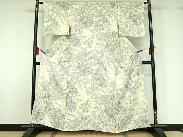 平和屋着物▽上質な小紋 単衣 手描き 色紙飾花文 金彩 正絹 逸品 AABG8733jh