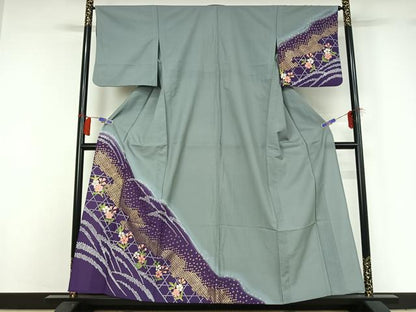 平和屋着物▽訪問着 単衣 草花文 暈し染め 金彩 洗える着物 AABG8743jh