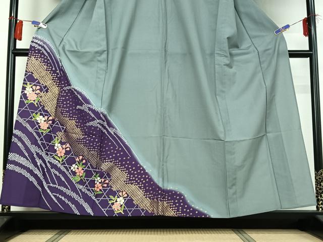 平和屋着物▽訪問着 単衣 草花文 暈し染め 金彩 洗える着物 AABG8743jh