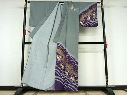 平和屋着物▽訪問着 単衣 草花文 暈し染め 金彩 洗える着物 AABG8743jh