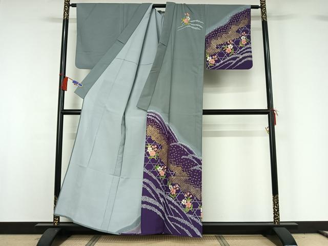 平和屋着物▽訪問着 単衣 草花文 暈し染め 金彩 洗える着物 AABG8743jh