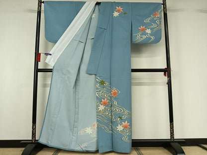 平和屋着物▽訪問着 単衣 流水舞葉文 洗える着物 AABG8748jh