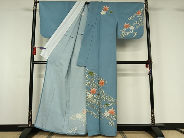 平和屋着物▽訪問着 単衣 流水舞葉文 洗える着物 AABG8748jh