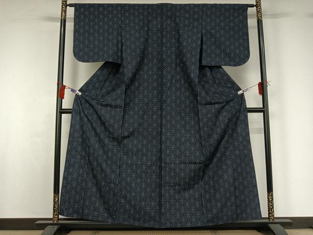 平和屋着物▽上質な紬　単衣　麻の葉文様　正絹　逸品　AABG8750jh