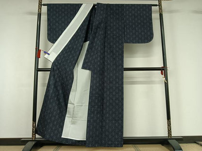 平和屋着物▽上質な紬　単衣　麻の葉文様　正絹　逸品　AABG8750jh