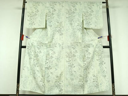 平和屋着物▽上質な小紋 単衣 生紬 手描き 草花文 正絹 逸品 AABG8751jh
