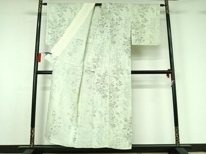 平和屋着物▽上質な小紋 単衣 生紬 手描き 草花文 正絹 逸品 AABG8751jh