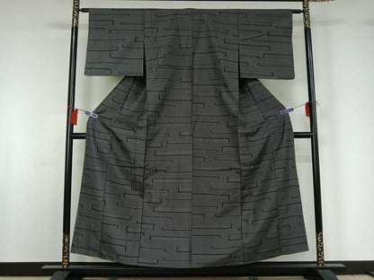 平和屋着物▽お召 単衣 横段文 黒地 正絹 逸品 AABG8752jh