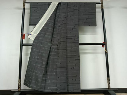 平和屋着物▽お召 単衣 横段文 黒地 正絹 逸品 AABG8752jh