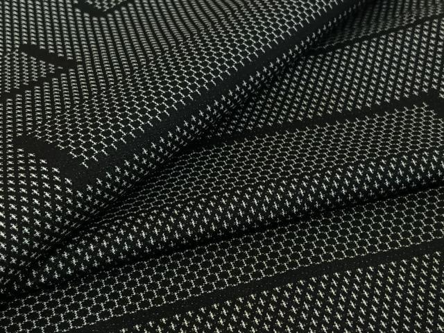 平和屋着物▽お召 単衣 横段文 黒地 正絹 逸品 AABG8752jh