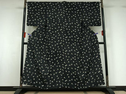 平和屋着物▽上質な小紋　単衣　舞花文　黒地　金彩　正絹　逸品　AABG8754jh