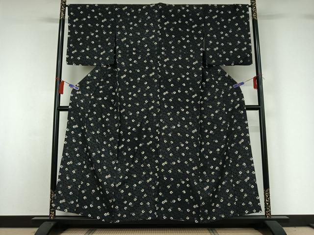 平和屋着物▽上質な小紋　単衣　舞花文　黒地　金彩　正絹　逸品　AABG8754jh