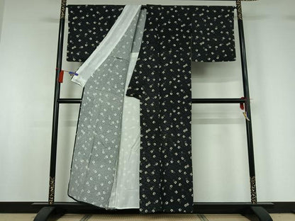平和屋着物▽上質な小紋　単衣　舞花文　黒地　金彩　正絹　逸品　AABG8754jh
