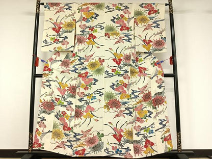 平和屋着物▽上質な小紋 単衣 紅型 流水花鳥文 正絹 逸品 AABG8757jh