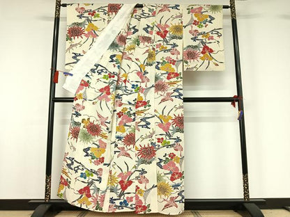 平和屋着物▽上質な小紋 単衣 紅型 流水花鳥文 正絹 逸品 AABG8757jh