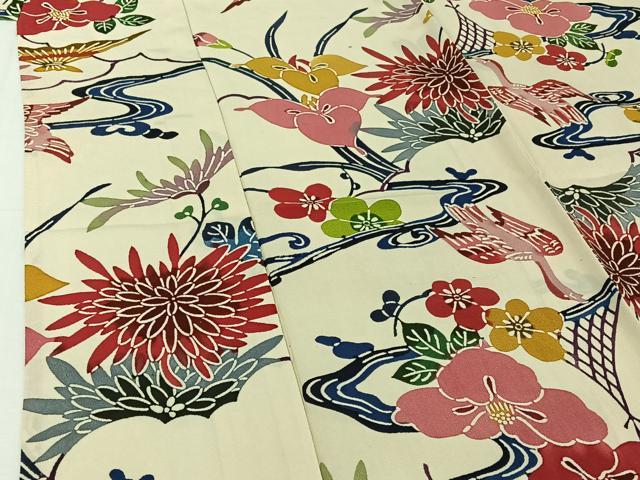 平和屋着物▽上質な小紋 単衣 紅型 流水花鳥文 正絹 逸品 AABG8757jh