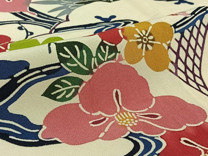 平和屋着物▽上質な小紋 単衣 紅型 流水花鳥文 正絹 逸品 AABG8757jh