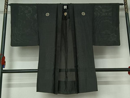 平和屋着物▽男性　黒紋付　黒紋付長羽織　暗黒色　正絹　逸品　AABG8758jh