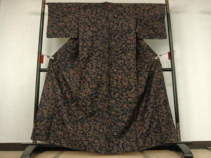 平和屋着物▽上質な小紋 単衣 紬地 更紗花文 正絹 逸品 AABG8767jh
