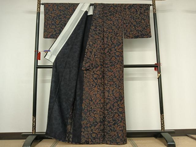 平和屋着物▽上質な小紋 単衣 紬地 更紗花文 正絹 逸品 AABG8767jh