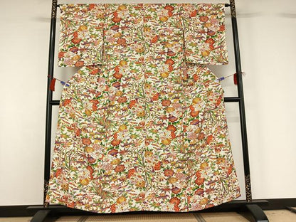 平和屋着物▽上質な小紋　単衣　型染め　更紗花蝶文　正絹　逸品　AABG8786jh