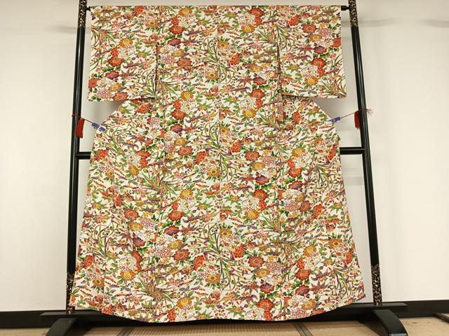 平和屋着物▽上質な小紋　単衣　型染め　更紗花蝶文　正絹　逸品　AABG8786jh