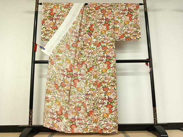平和屋着物▽上質な小紋　単衣　型染め　更紗花蝶文　正絹　逸品　AABG8786jh