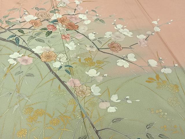 平和屋着物▽訪問着 単衣 枝花文 暈し染め 金彩 正絹 逸品 AABG8787jh