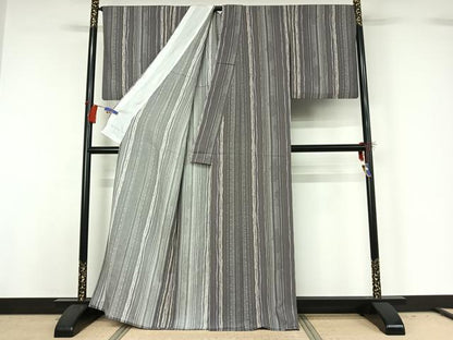 平和屋着物▽上質な小紋 単衣 縞 正絹 逸品 AABG8790jh