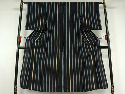 平和屋着物▽お召 単衣 縞 正絹 逸品 AABG8798jh