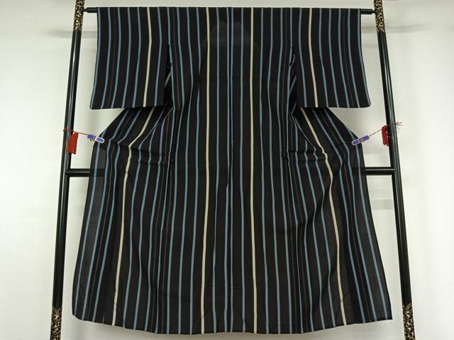 平和屋着物▽お召 単衣 縞 正絹 逸品 AABG8798jh