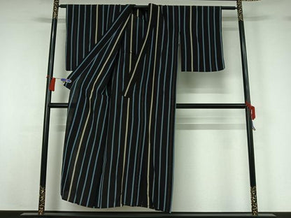 平和屋着物▽お召 単衣 縞 正絹 逸品 AABG8798jh