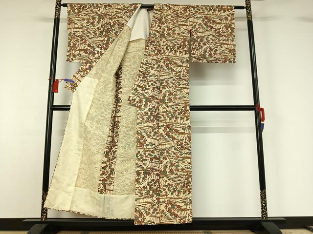 平和屋着物▽上質な小紋 単衣 型染め 松竹梅 鬼しぼ縮緬 正絹 逸品 AABG8804jh