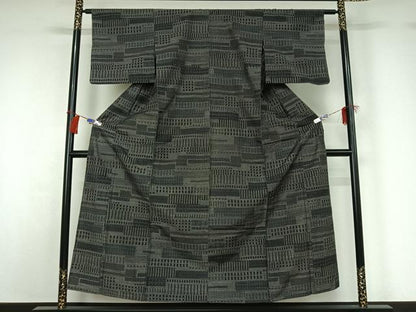 平和屋着物▽上質な紬 単衣 横段文 正絹 逸品 AABG8808jh