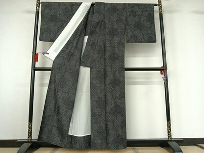 平和屋着物▽上質な紬 単衣 亀甲文 正絹 逸品 AABG8812jh
