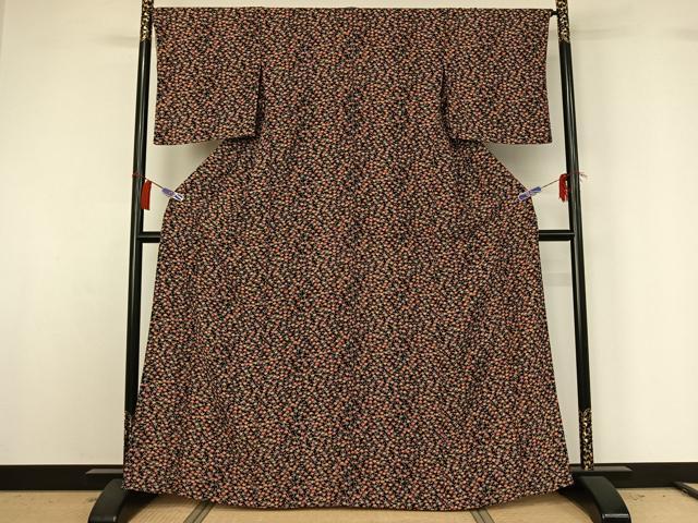 平和屋着物▽上質な小紋　単衣　花尽くし　黒地　正絹　逸品　AABG8821jh